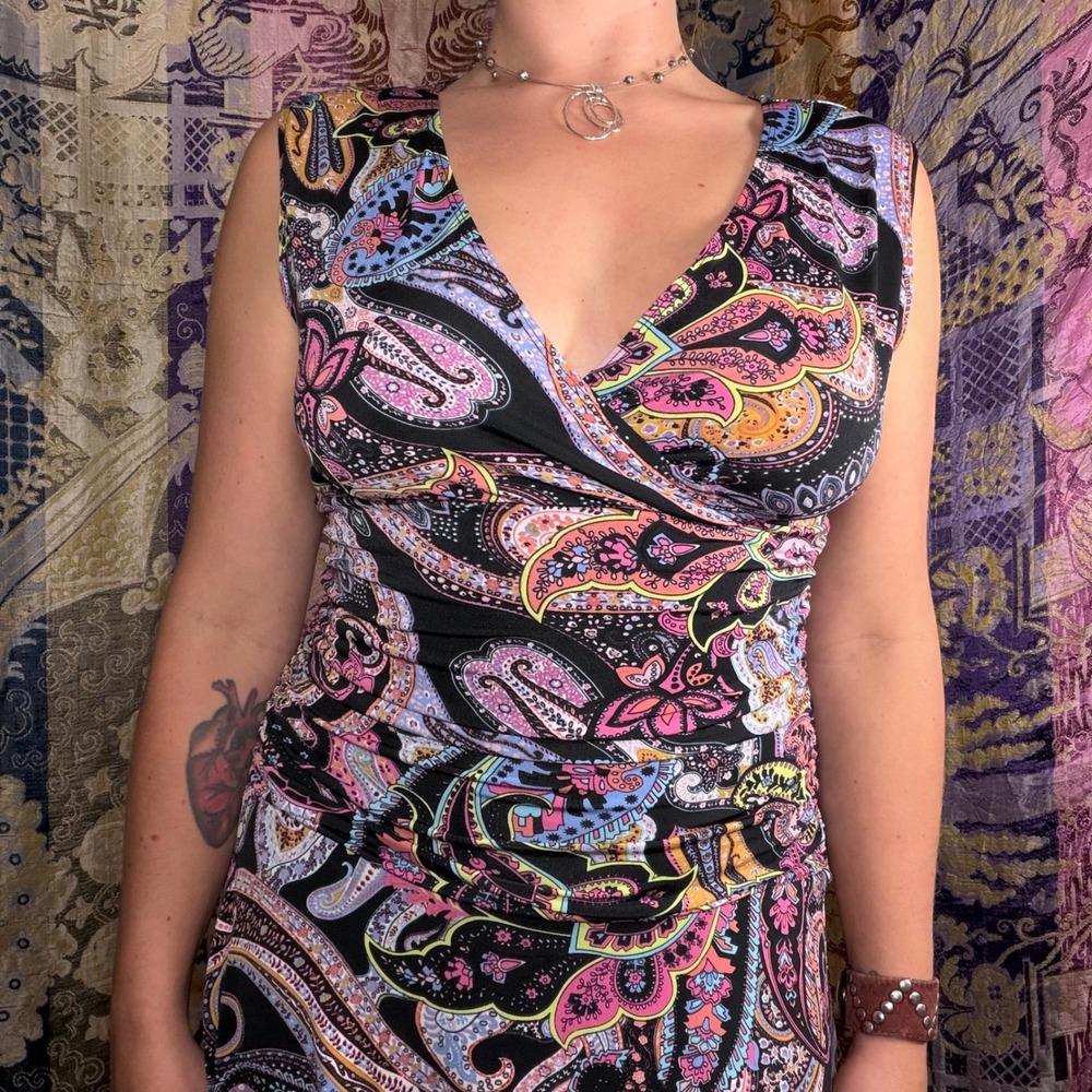 Y2K Whimsy Chic Black Paisley Drop Ruched Waist Dress Size S Boho Art to Wear